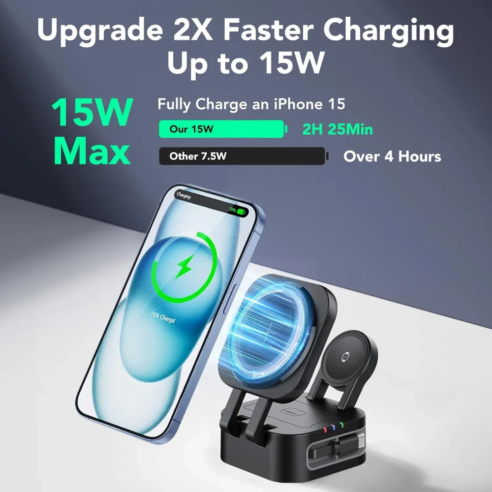 Cargador Magnético Inalámbrico Retráctil 3-en-1 — Carga Rápida sin Cables